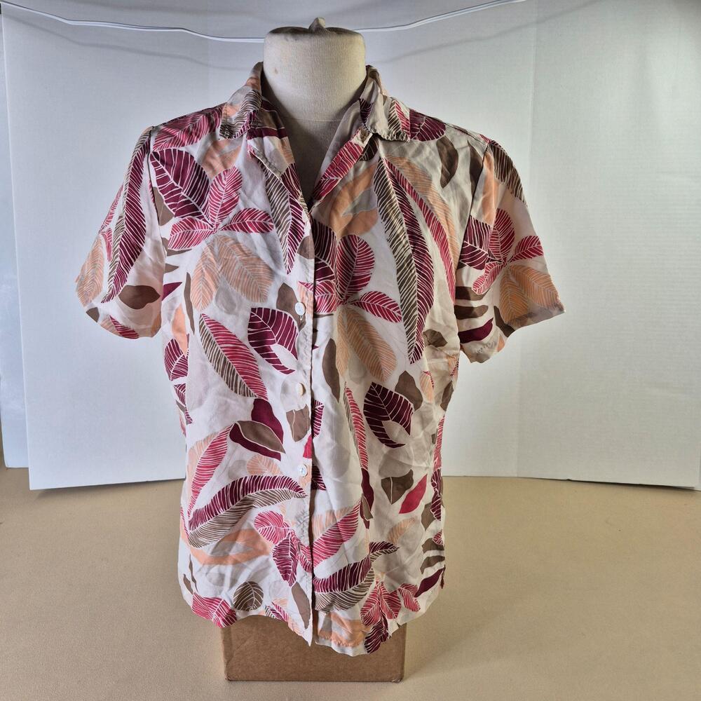 Linden Hill Blouse Womens Medium Multicolor Silk Tropical Leaf Button Up